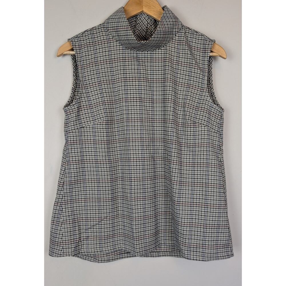 BURU Funnel Neck Sleeveless Plaid Blouse with Back Button Detail Brown S